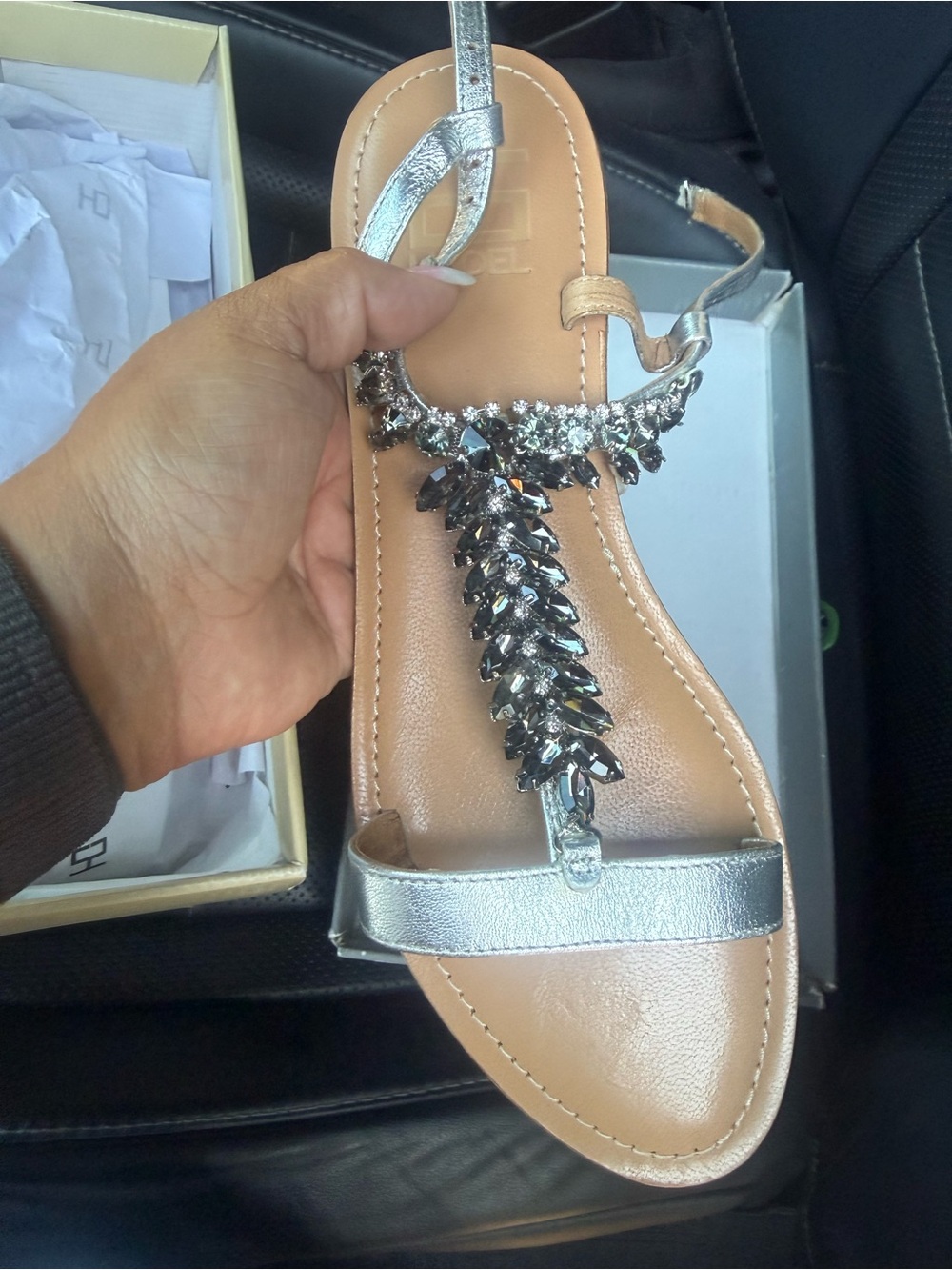 HADEL Silver Crystal Embellished Flat Sandals – EU 40